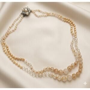 Vintage Double Strand Pearl & Art Glass Necklace | Ornate Floral Clasp